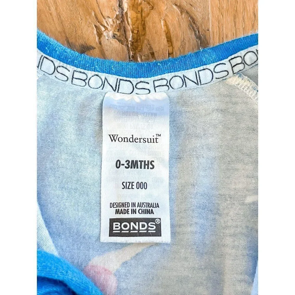 Bonds Long Sleeve Zippered Lion Badmington Blue Print Wondersuit Size 0-3M